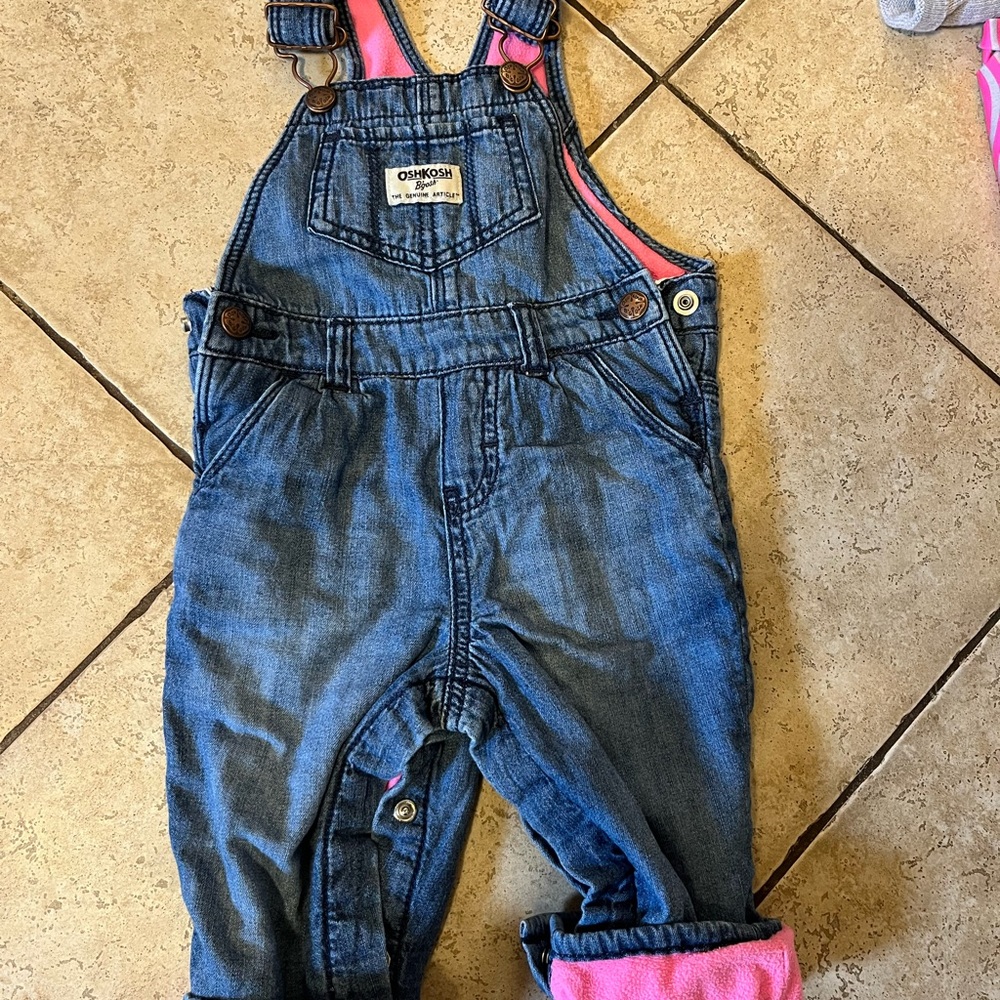OshKosh B'gosh Blue Denim Overalls with Pink Fleece Lining